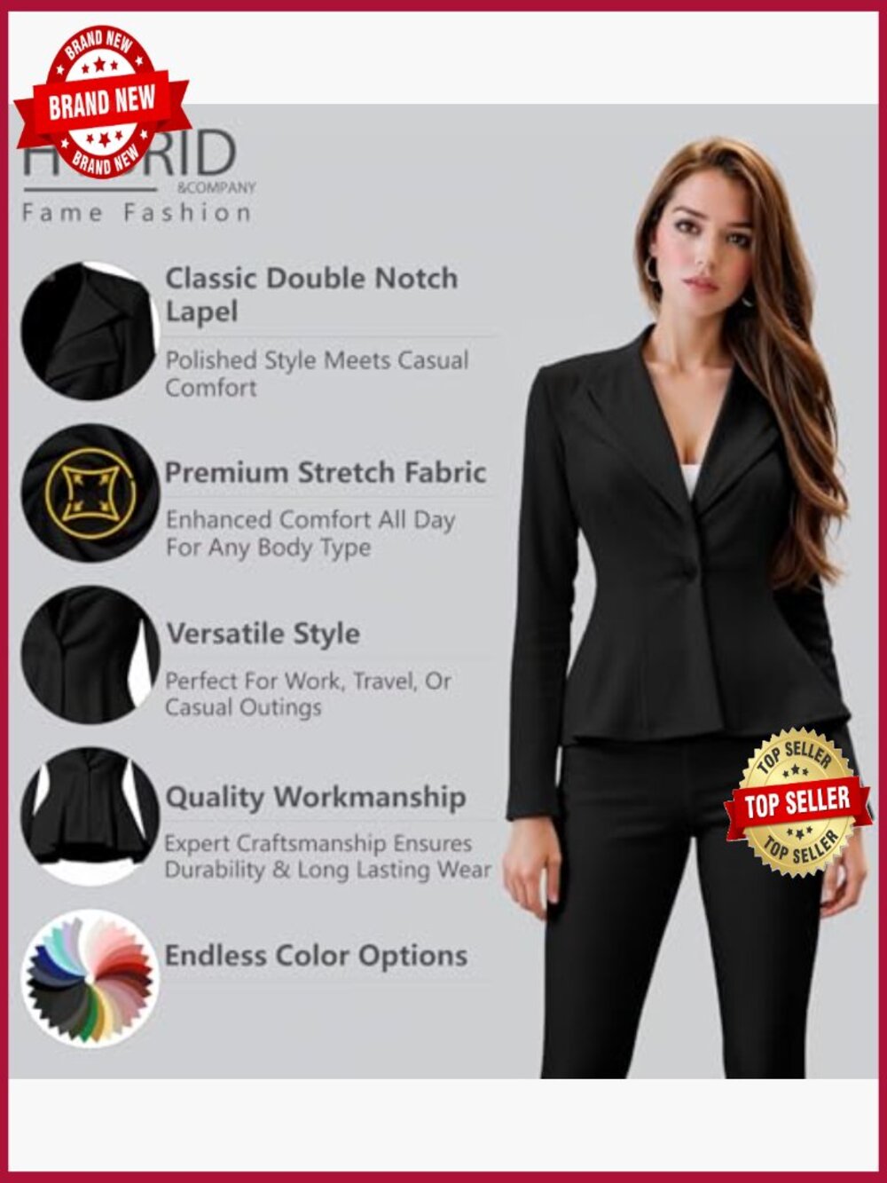 Peplum Blazer - Single Button Notch Lapel - Stretch Fabric Office - Picture 2 of 7